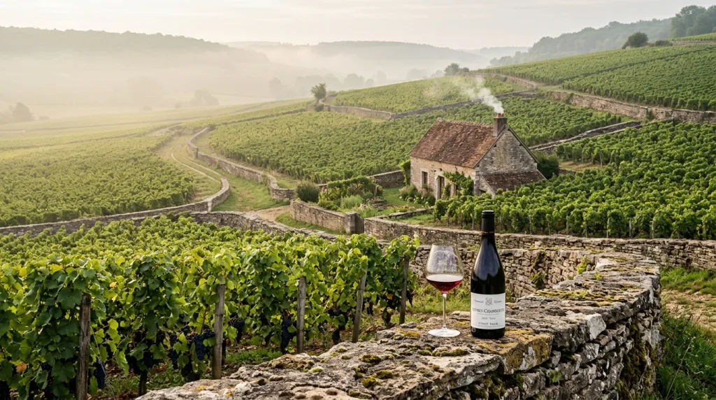 Vườn nho Burgundy chia thửa đất (climat) bằng tường đá thấp, khác với lâu đài Bordeaux