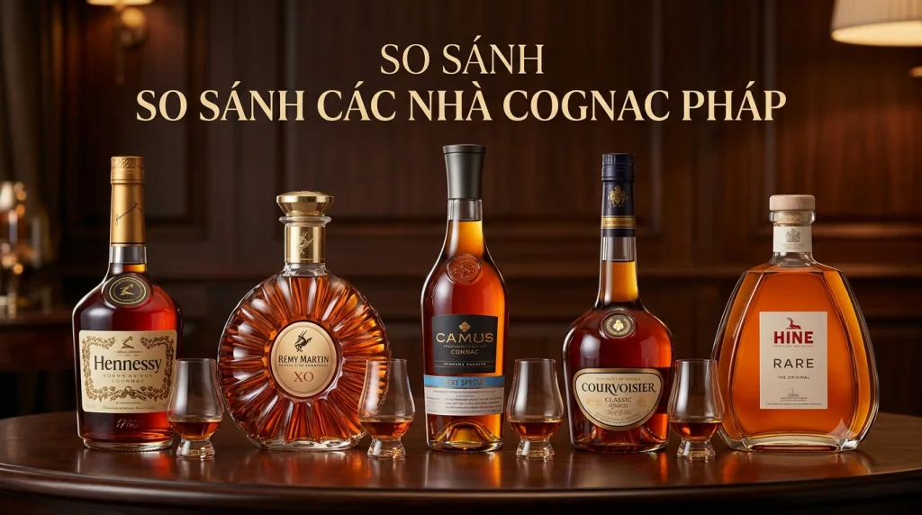 So sánh 5 nhà Cognac Pháp: Hennessy, Rémy Martin, Camus, Courvoisier, Hine đặt cạnh nhau trên bàn gỗ