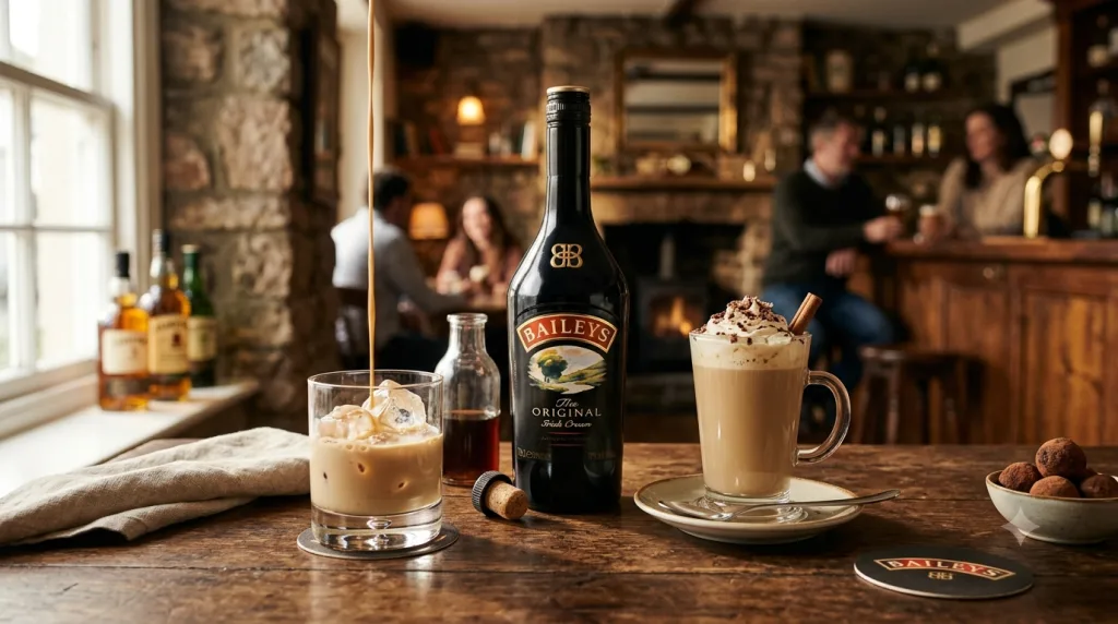 Chai Baileys Irish Cream bên ly cà phê và ly kem sữa, không gian quán cafe Ireland ấm áp