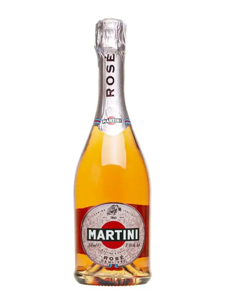 Chai Martini Rosé Demi-Sec, rượu màu hồng cam, cổ bọc giấy bạc in chữ Rosé, nhãn tròn Martini