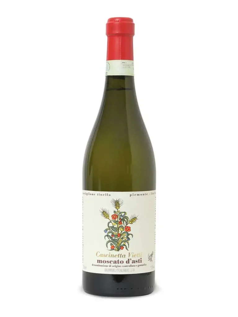 Chai Vietti Moscato d'Asti thân xanh nhạt, nhãn trắng vẽ hoa, nút đỏ