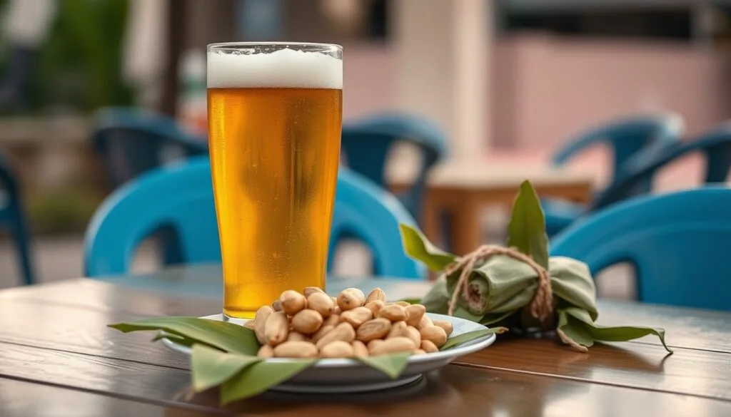 Ly bia lager vàng bên đĩa lạc rang và nem chua gói lá chuối ở quán nhậu Việt
