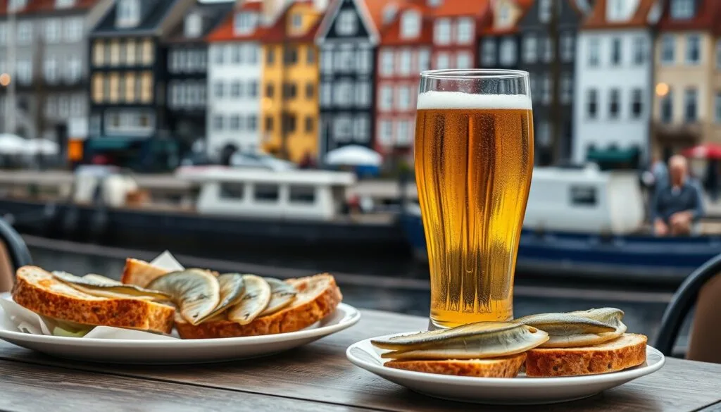Ly bia lager bên kênh đào kiểu Copenhagen cùng bánh mì lúa mạch đen kiểu Đan Mạch