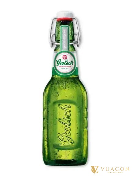 Chai bia Grolsch thân xanh lá, nắp bật cài kim loại