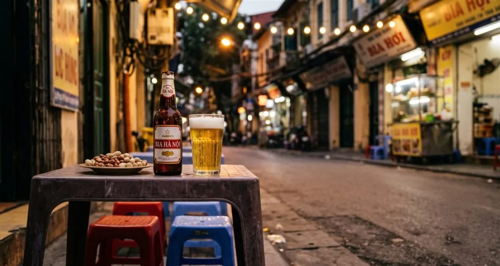 Chai Bia Hà Nội và cốc bia hơi cùng đĩa lạc rang trên bàn quán vỉa hè phố cổ Hà Nội (ảnh minh họa)