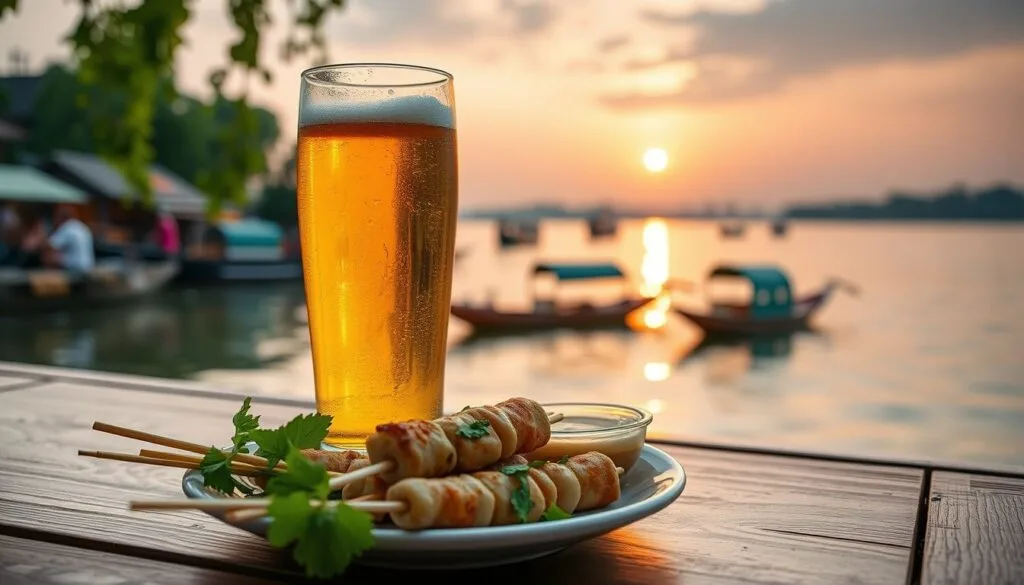 Ly bia bên nem lụi, rau sống và nước chấm đậu phộng ven sông Hương, Huế