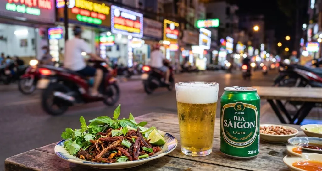 Lon Bia Sài Gòn Lager và ly bia cùng đĩa khô bò trên bàn quán vỉa hè Sài Gòn về đêm (ảnh minh họa)