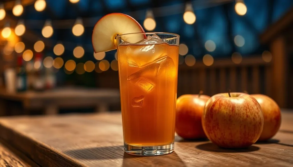 Ly cider táo vàng có đá và lát táo cạnh táo tươi trên bàn gỗ buổi tối