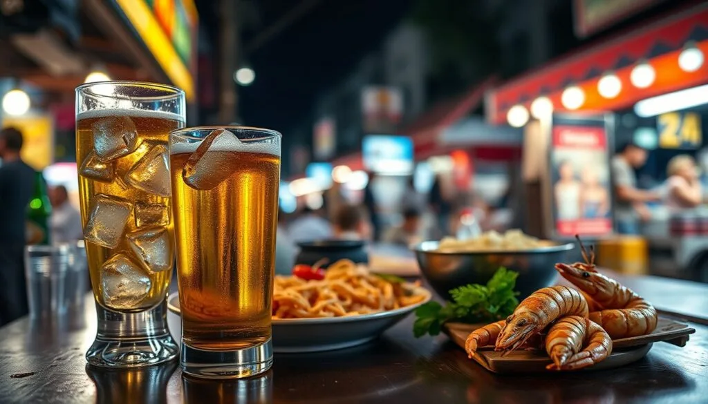 Ly bia lager thả đá kiểu Thái cùng pad thai, gỏi đu đủ và tôm nướng ở chợ đêm