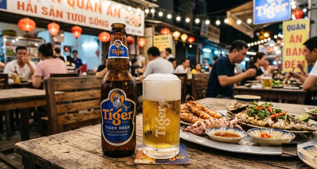 Chai bia Tiger và ly bia lager vàng óng trên bàn quán ăn (ảnh minh họa)