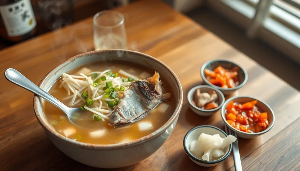 Bát canh giải rượu Hàn Quốc nóng hổi với giá đỗ, cá minh thái khô, ăn kèm kim chi