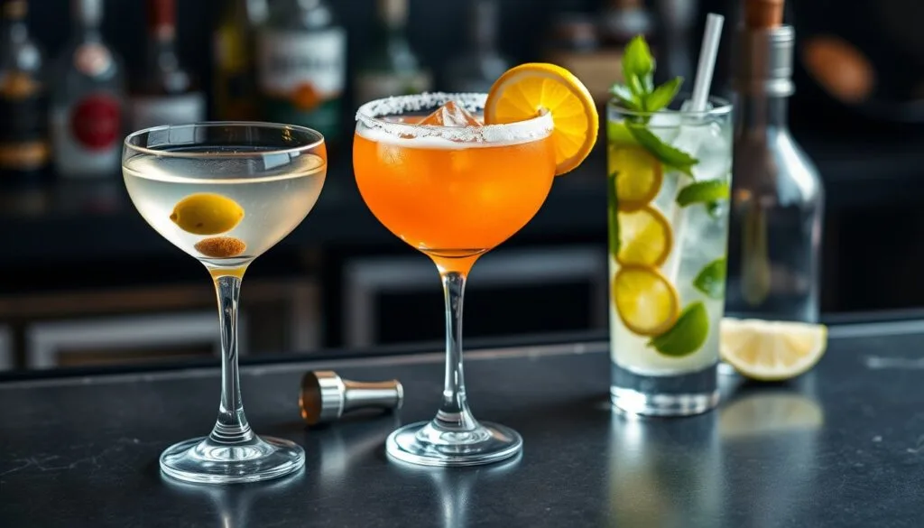 Ba ly cocktail kinh điển martini, margarita, mojito cùng bình lắc và chanh trên quầy bar