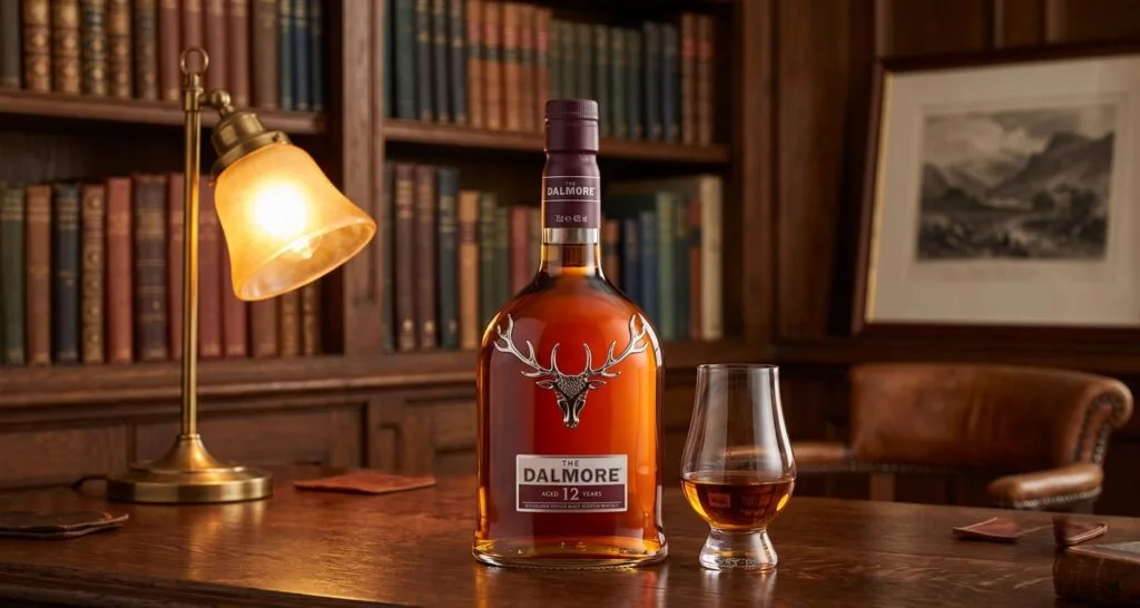 Chai The Dalmore 12 năm bên ly whisky trên bàn gỗ trong phòng đọc sách (ảnh minh họa)