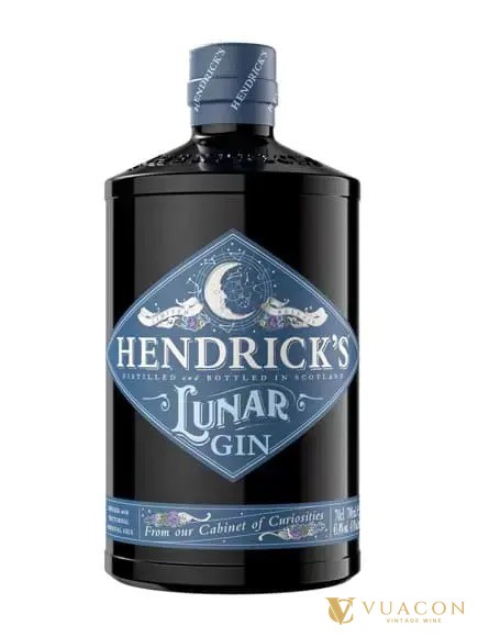 Chai Hendrick's Lunar thuỷ tinh sẫm màu, nhãn xanh than có hình trăng lưỡi liềm