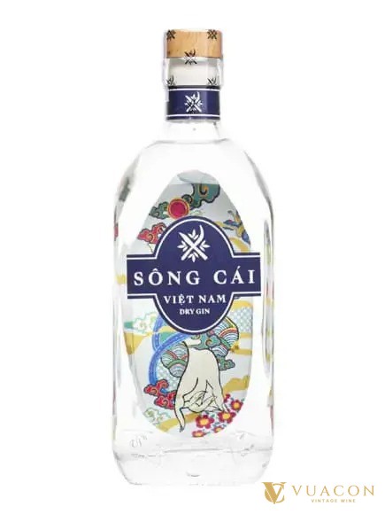 Chai gin Sông Cái Vietnam Dry Gin nhãn trắng vẽ hoa lá
