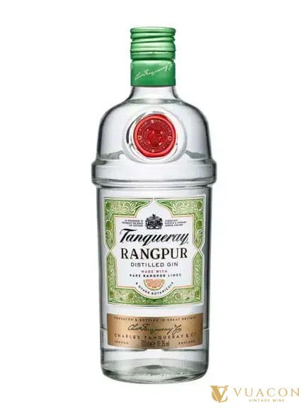 Chai Tanqueray Rangpur thuỷ tinh trong, nhãn kem viền xanh lá, dấu sáp đỏ