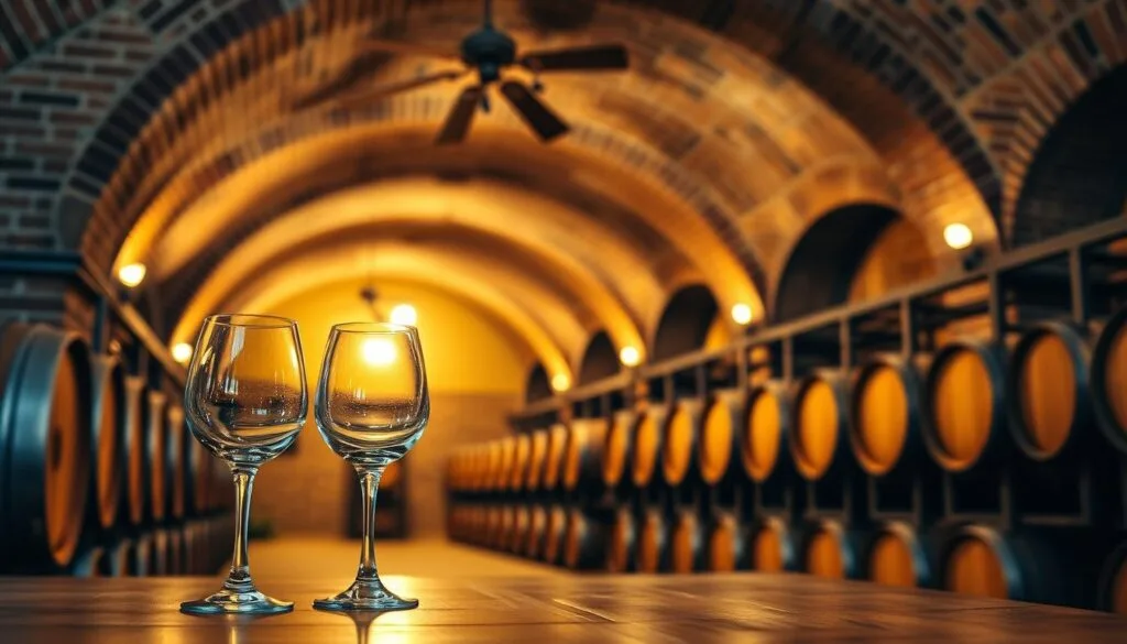 Hầm rượu vòm gạch với thùng gỗ sồi và bàn thử rượu, giới thiệu VintageWine