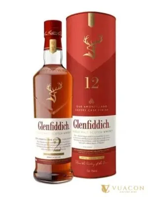 Set quà biếu whisky: Glenfiddich 12 năm Sherry Cask Finish trong hộp gỗ – Scotland, 700ml – chai và nhãn