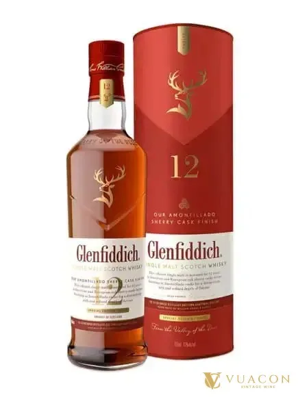 Set quà biếu whisky: Glenfiddich 12 năm Sherry Cask Finish trong hộp gỗ – Scotland, 700ml – chai và nhãn