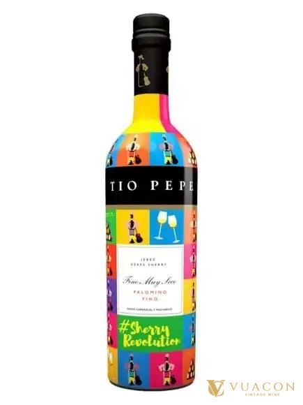 Rượu sherry là gì: chai Tio Pepe Fino nhãn vẽ nhiều màu