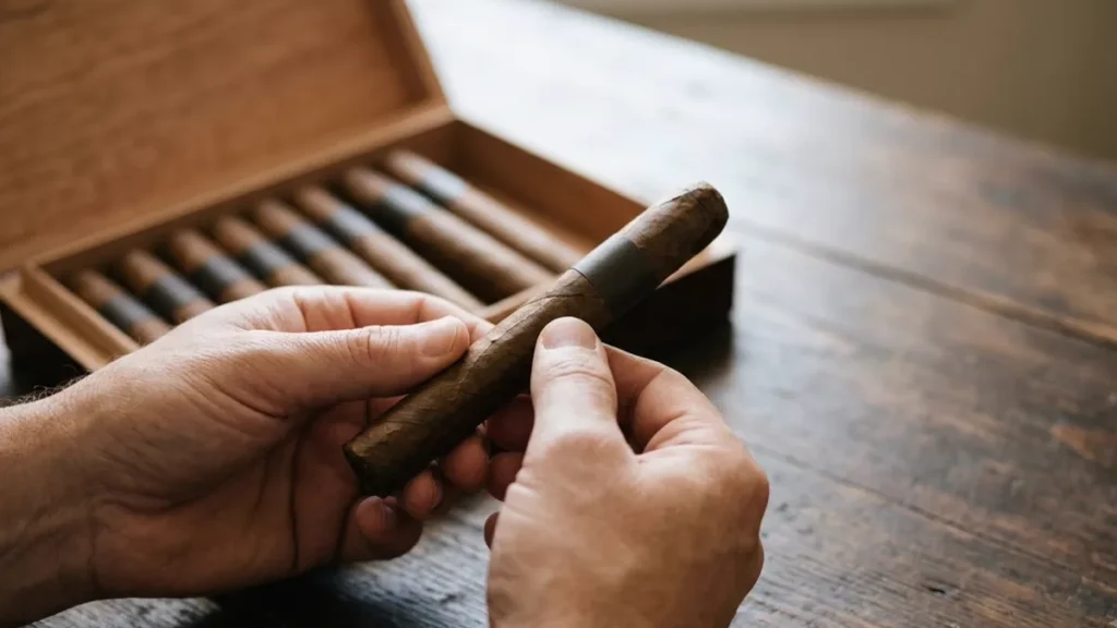 Kiểm tra vỏ lá điếu xì gà trước khi thu mua