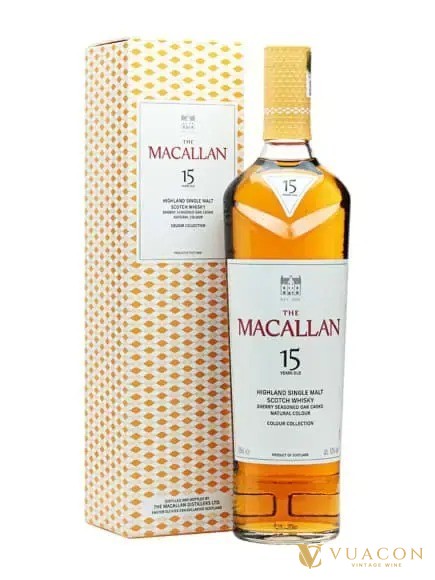 Chai Macallan 15 năm Colour Collection cạnh hộp hoa văn vàng