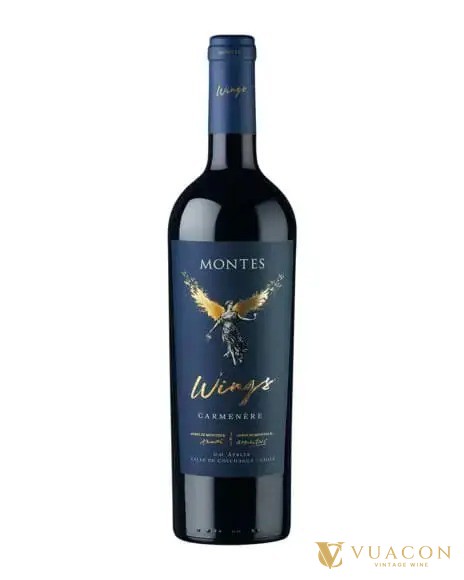 Chai vang đỏ Montes Wings Carmenere nhãn xanh hình thiên thần cánh vàng