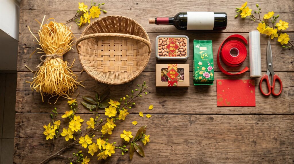 Nguyên liệu làm giỏ quà Tết