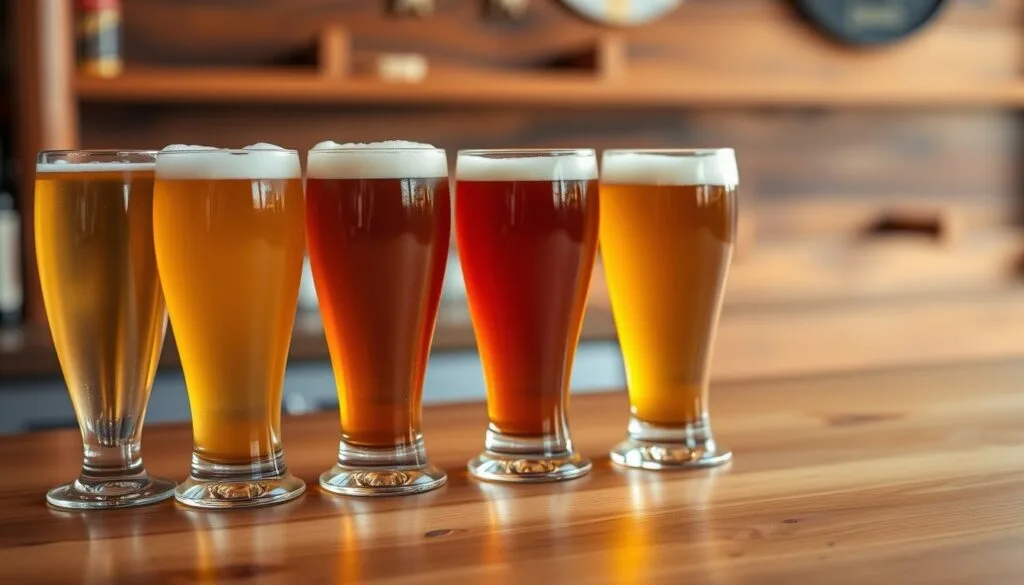 Năm ly bia từ lager vàng nhạt đến stout đen, mỗi loại một nồng độ cồn khác nhau