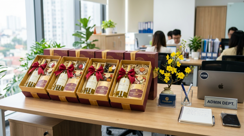 Hộp quà rượu vang cho doanh nghiệp đặt tại showroom VUACON Hà Nội