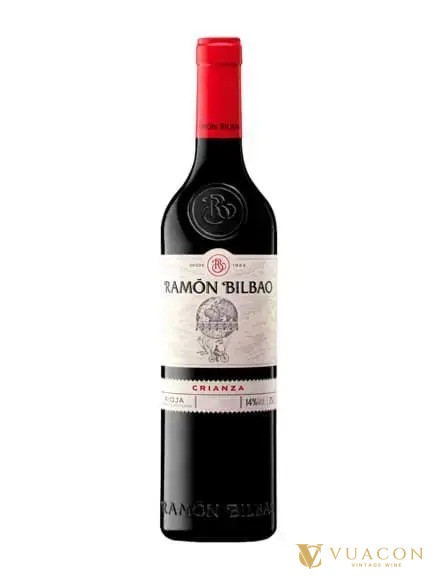 Chai Ramon Bilbao Crianza, vang tempranillo Rioja nhãn trắng nắp đỏ
