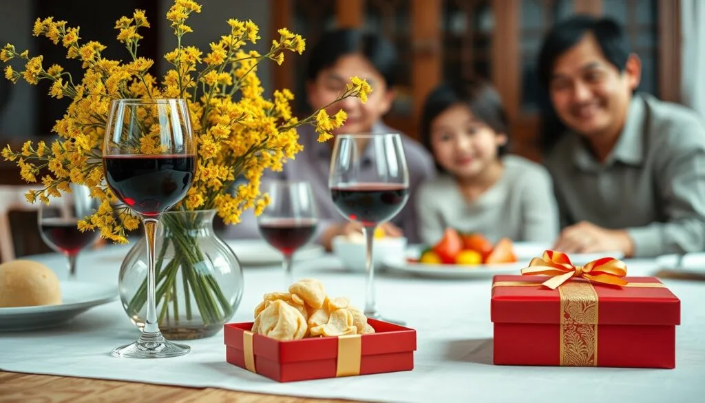 Bánh chưng, hoa mai, ly vang đỏ và hộp quà Tết trên mâm cơm, gợi ý rượu biếu bố vợ