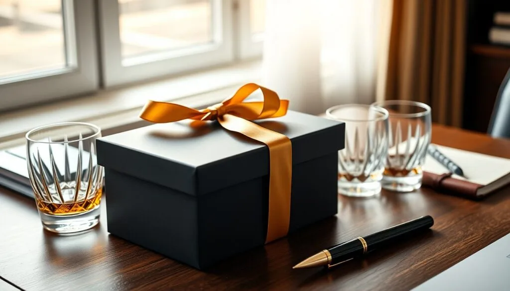 Hộp quà bọc giấy sẫm thắt nơ vàng cùng cặp ly pha lê trên bàn làm việc, gợi ý rượu biếu sếp