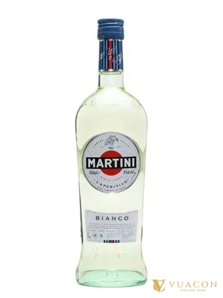 Chai vermouth Martini Bianco thuỷ tinh trong, nắp xanh, nhãn tròn Martini và chữ Bianco
