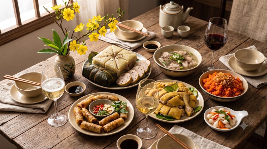 Mâm cỗ Tết miền Bắc với bánh chưng, giò lụa, nem rán, gà luộc, xôi gấc và ly rượu vang trắng, vang sủi, vang đỏ
