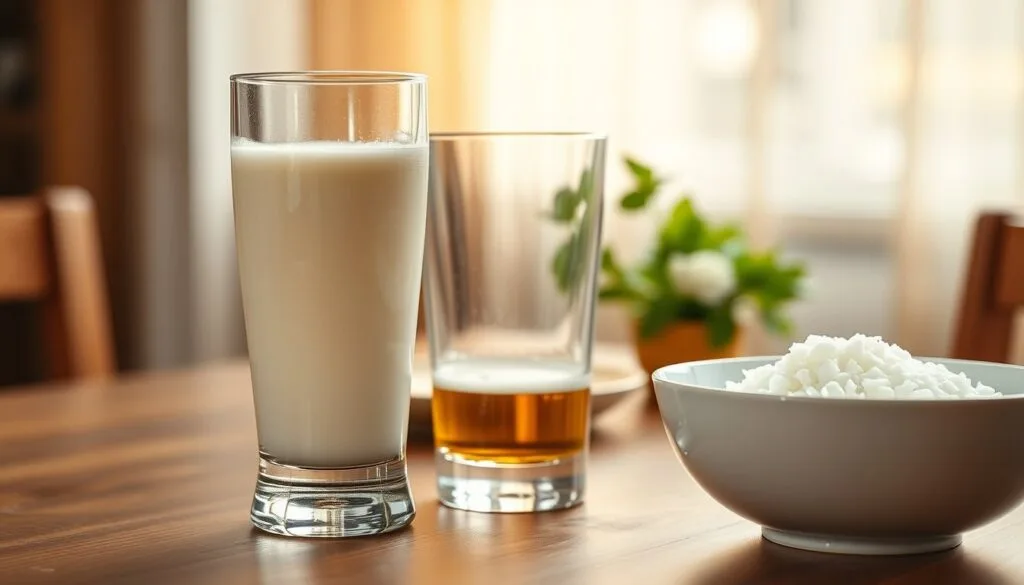 Ly sữa tươi cạnh ly bia đã cạn trên bàn bếp buổi sáng sau bữa nhậu