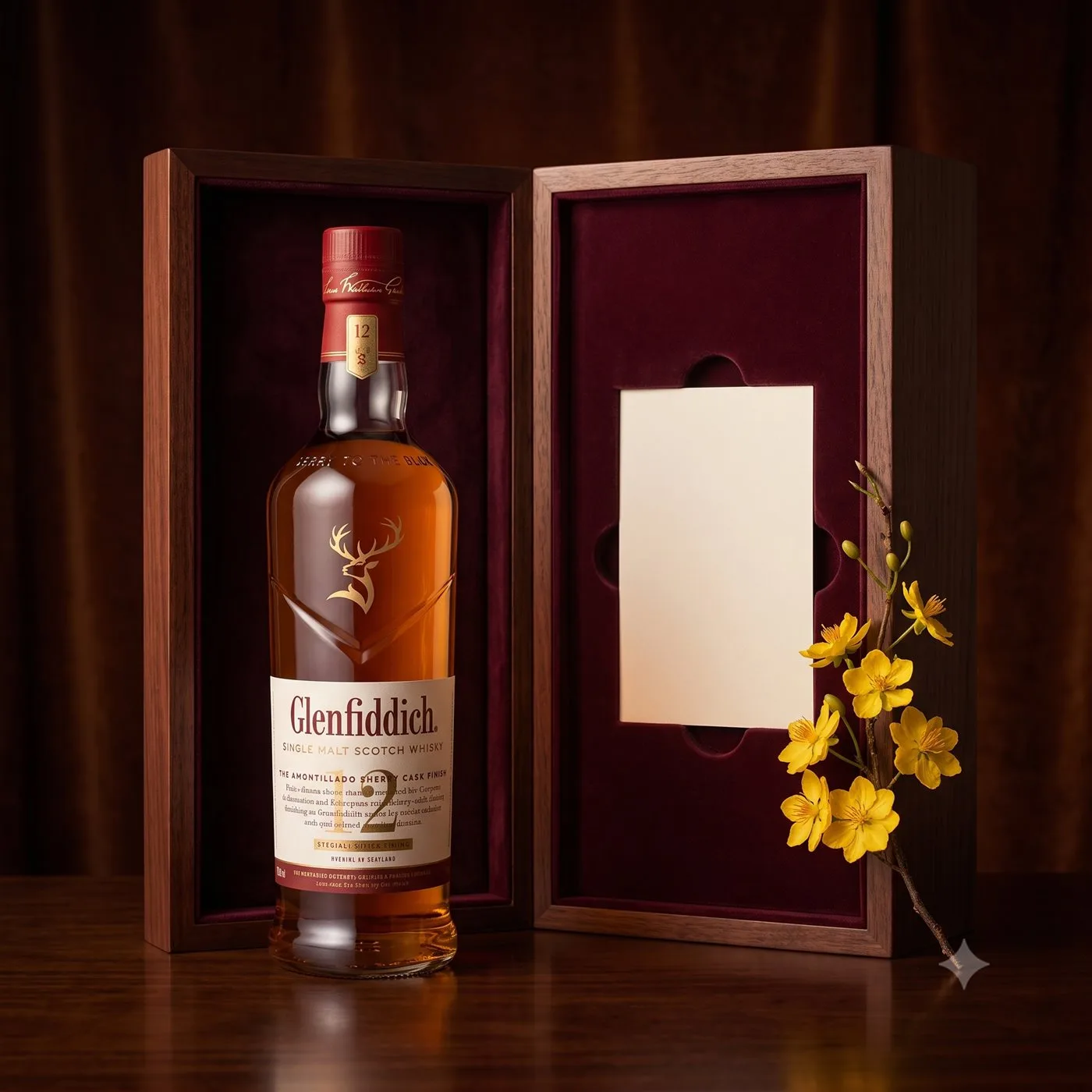 Set quà biếu whisky: Glenfiddich 12 năm Sherry Cask Finish trong hộp gỗ – Scotland, 700ml
