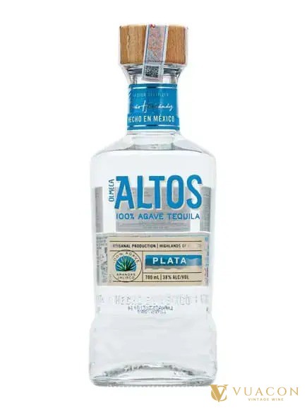 Chai tequila Olmeca Altos Plata trong suốt nhãn xanh trắng
