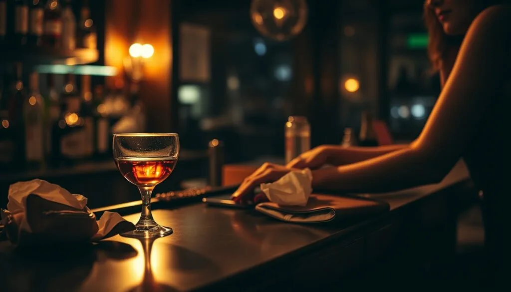 Ly cocktail uống dở và khăn giấy vò trên quầy bar, khoảnh khắc con gái say rồi bật khóc