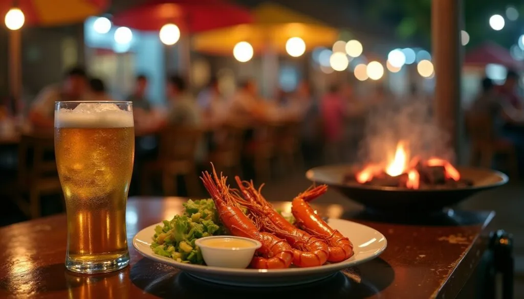 Ly bia lager cùng tôm nướng, gỏi đu đủ ở quán hải sản vỉa hè Thái Lan (ảnh minh họa)