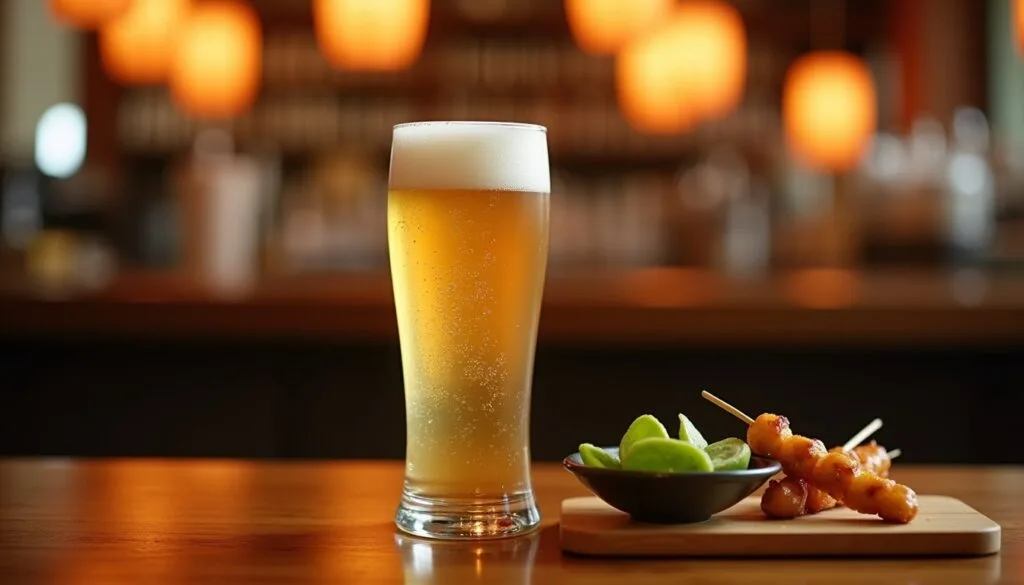 Ly bia lager trên quầy izakaya kiểu Nhật cùng đậu nành Nhật và xiên nướng (ảnh minh họa)