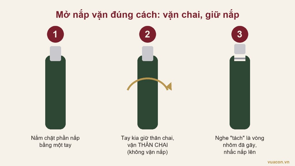 Ba bước mở nắp vặn rượu vang: giữ nắp, vặn thân chai, nhấc nắp