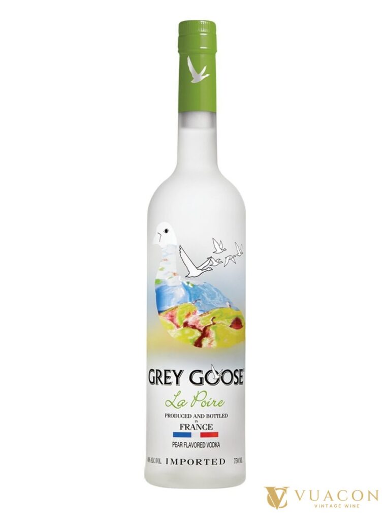 Chai Grey Goose La Poire nắp xanh lá, nhãn vẽ quả lê và con ngỗng