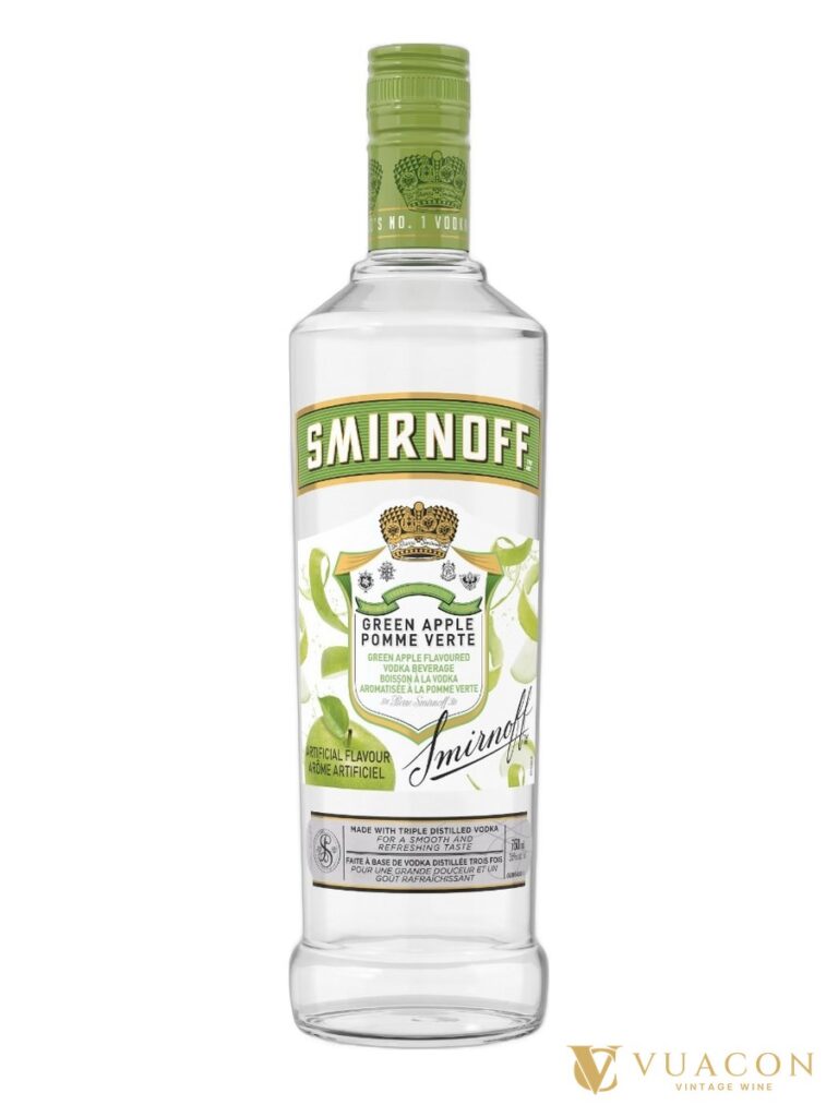 Chai Smirnoff Green Apple nắp xanh lá, nhãn xanh lá ghi Pomme Verte